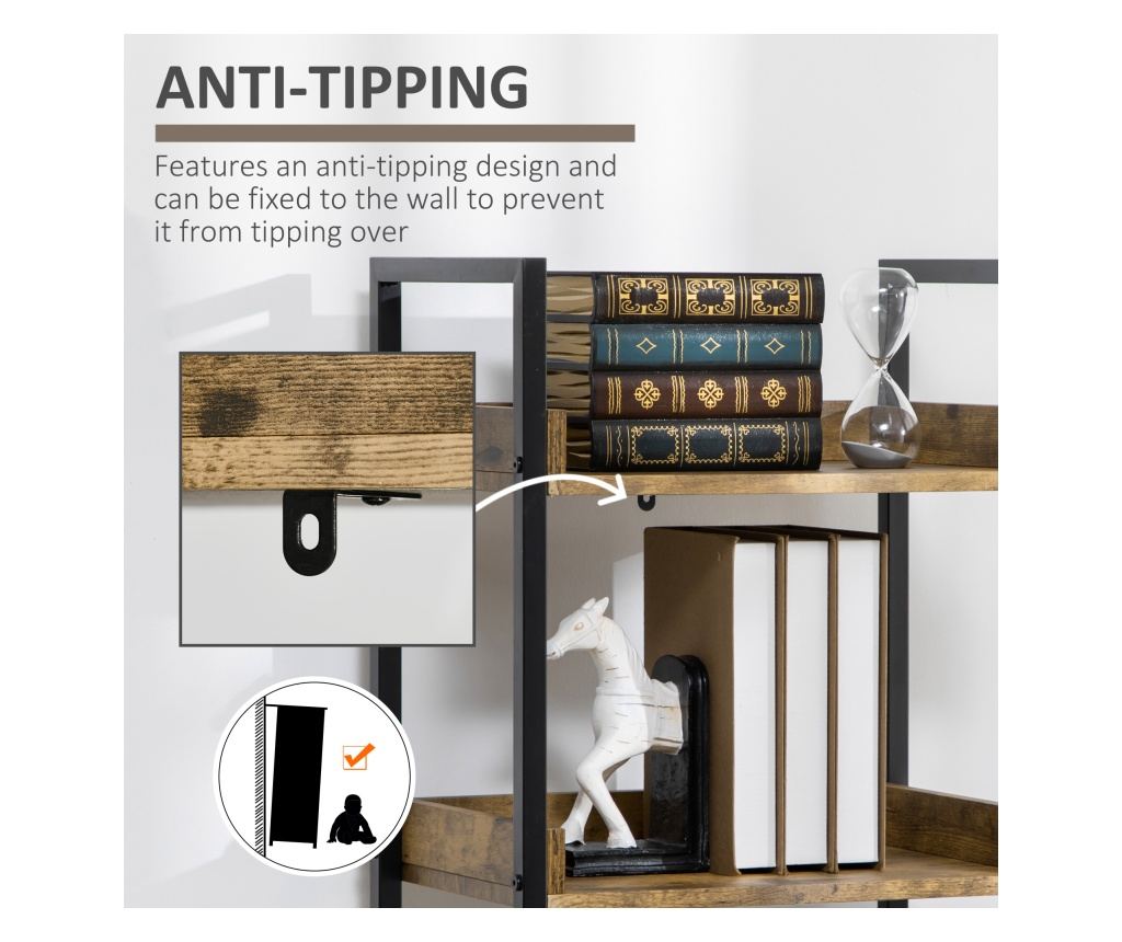 Ipari stílusú 5 polcos könyvespolc, fa és fém könyvespolc otthonra és irodába, 48x30x155cm, rusztikus barna - 8