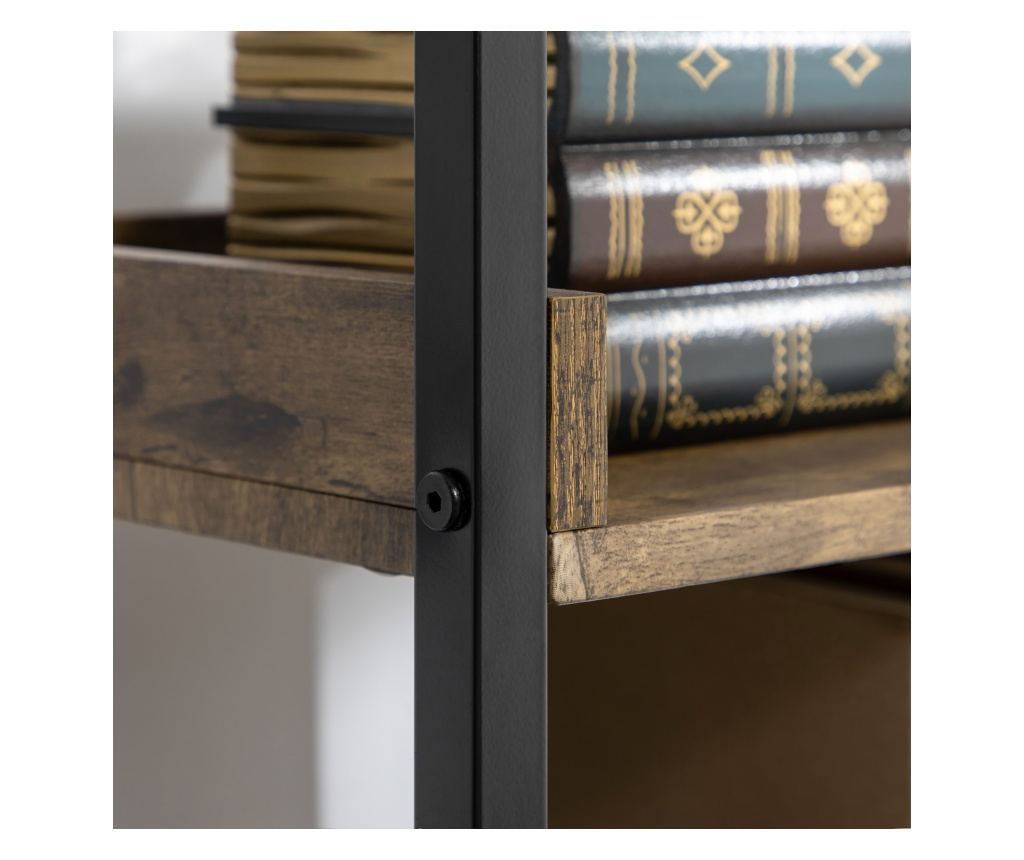 Ipari stílusú 5 polcos könyvespolc, fa és fém könyvespolc otthonra és irodába, 48x30x155cm, rusztikus barna - 9