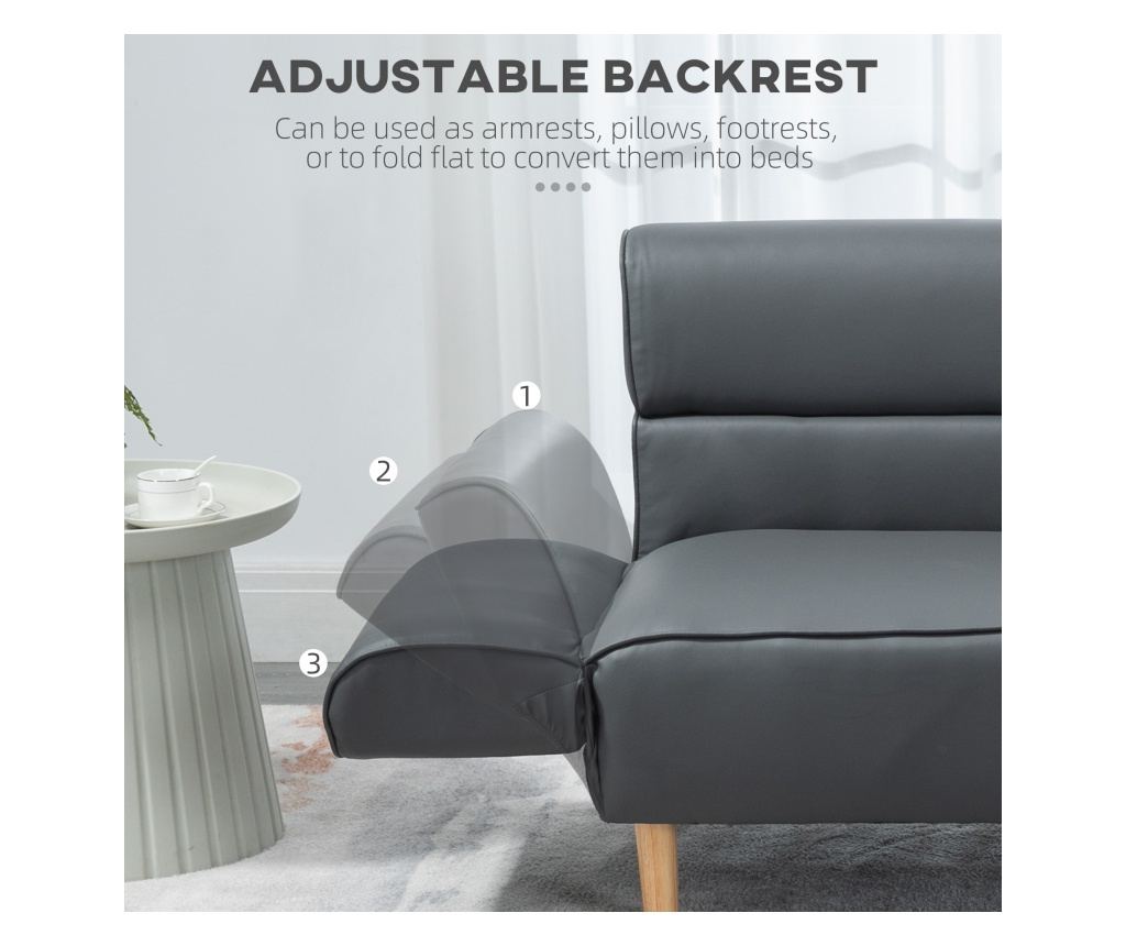 Двуместен диван за всекидневна, малък диван с регулируем подлакътник, сив - 5