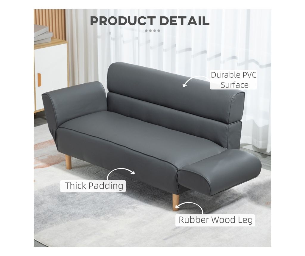 Двуместен диван за всекидневна, малък диван с регулируем подлакътник, сив - 6