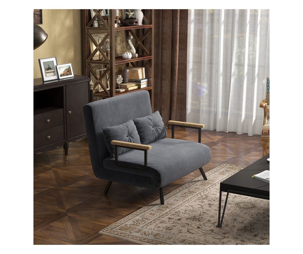 Двуместен разтегателен диван с 5-степенна регулируема облегалка и 2 възглавници от тапициран плат, 102x73x81 см, тъмно сив - 2