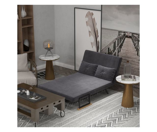 Двуместен разтегателен диван с 5-степенна регулируема облегалка и 2 възглавници от тапициран плат, 102x73x81 см, тъмно сив
