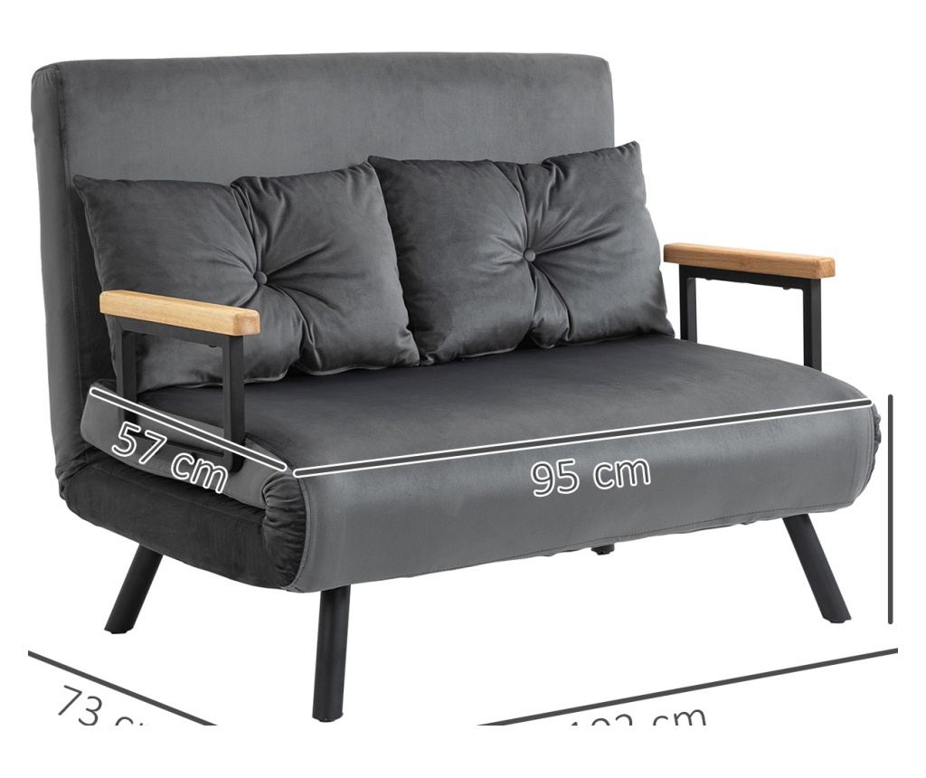 Двуместен разтегателен диван с 5-степенна регулируема облегалка и 2 възглавници от тапициран плат, 102x73x81 см, тъмно сив - 4
