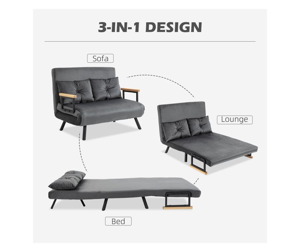 Двуместен разтегателен диван с 5-степенна регулируема облегалка и 2 възглавници от тапициран плат, 102x73x81 см, тъмно сив - 5