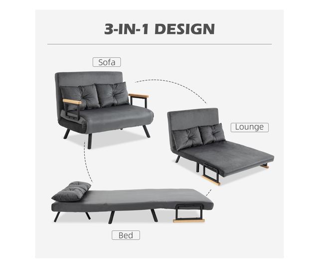 Двуместен разтегателен диван с 5-степенна регулируема облегалка и 2 възглавници от тапициран плат, 102x73x81 см, тъмно сив