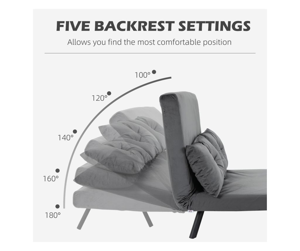 Двуместен разтегателен диван с 5-степенна регулируема облегалка и 2 възглавници от тапициран плат, 102x73x81 см, тъмно сив - 6