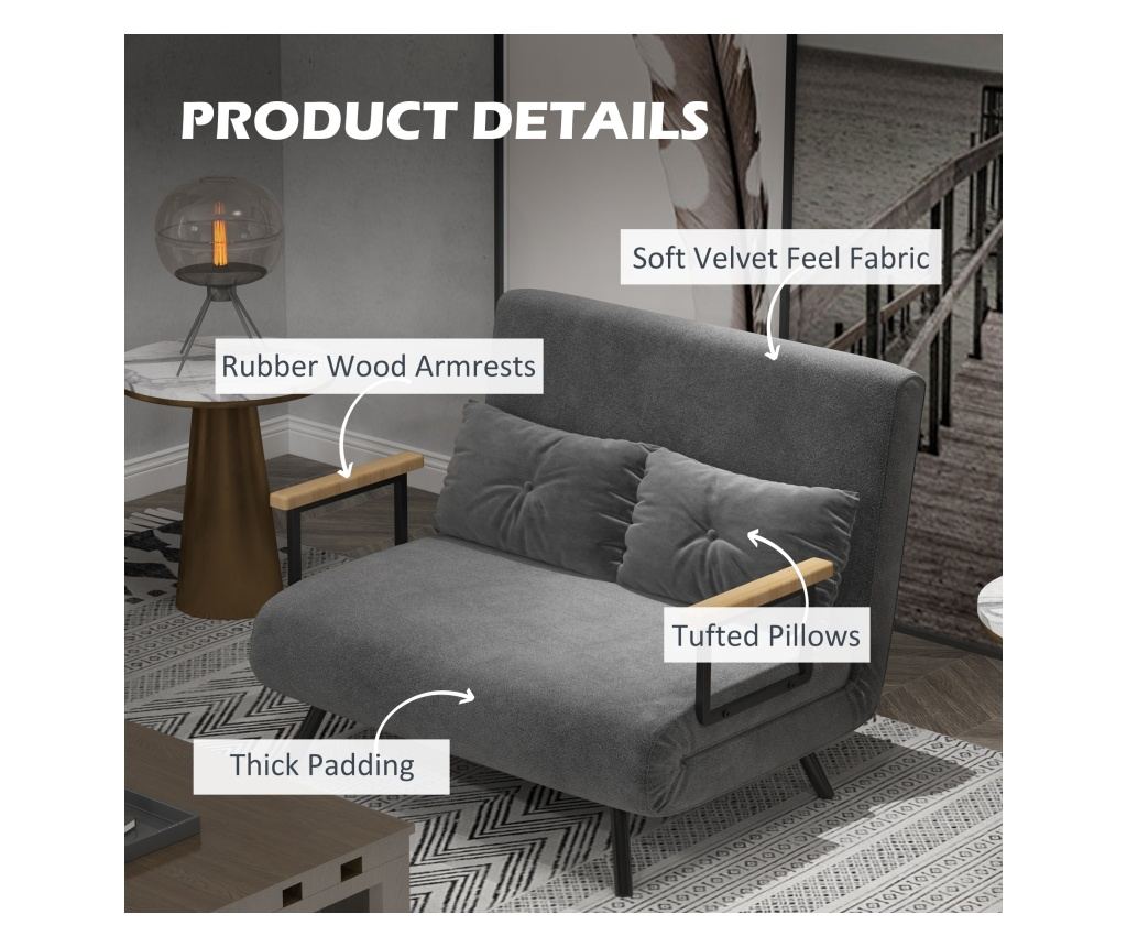 Двуместен разтегателен диван с 5-степенна регулируема облегалка и 2 възглавници от тапициран плат, 102x73x81 см, тъмно сив - 7