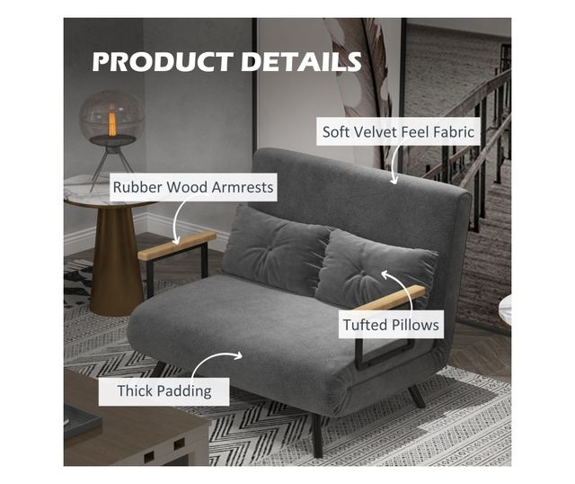 Двуместен разтегателен диван с 5-степенна регулируема облегалка и 2 възглавници от тапициран плат, 102x73x81 см, тъмно сив