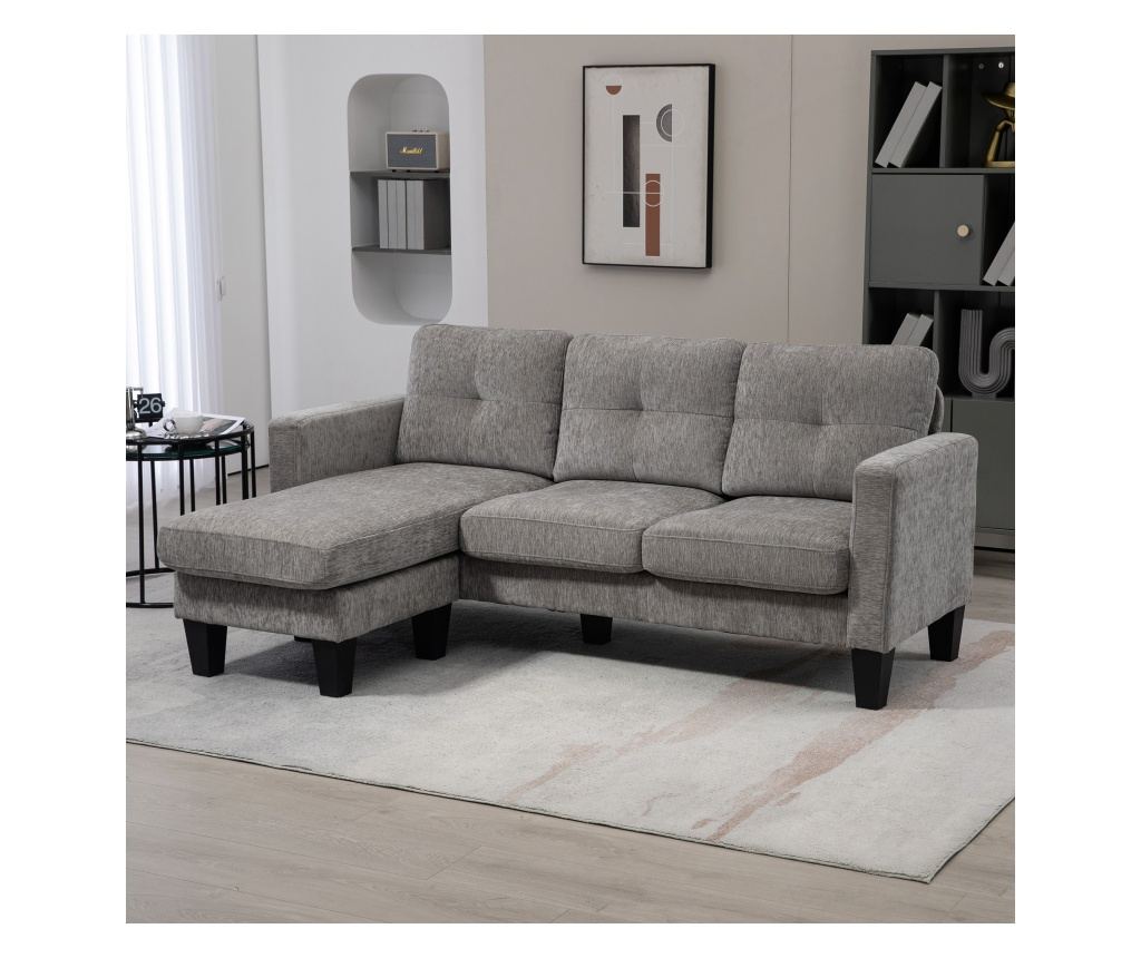 Canapea Coltar Extensibil cu Sezlong Reversibil, Perna pentru Sezut si Spatar si 3 Locuri, 186x130x84 cm, Maro - 3