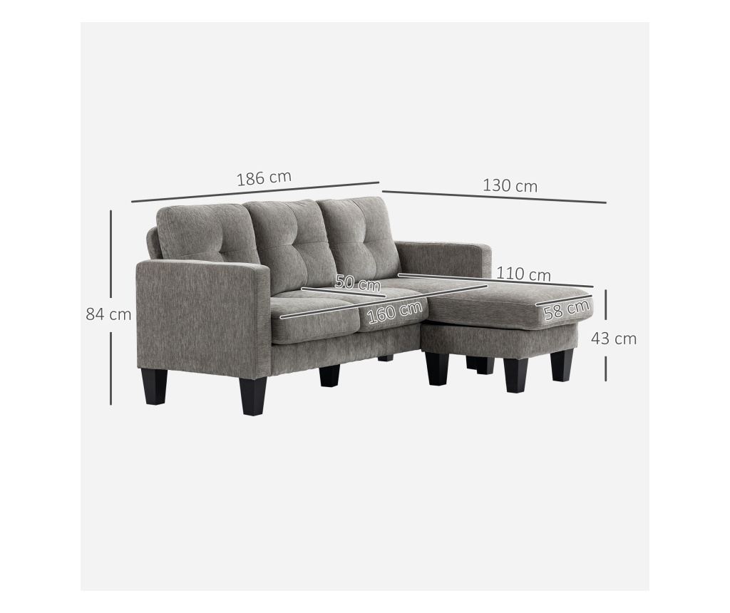 Canapea Coltar Extensibil cu Sezlong Reversibil, Perna pentru Sezut si Spatar si 3 Locuri, 186x130x84 cm, Maro - 4