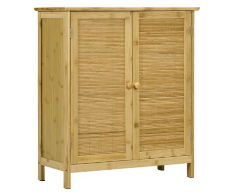 Bohém stílusú rattan és bambusz komód, 2 ajtós szekrény belső polccal, 60x27x67,5 cm, természetes fa