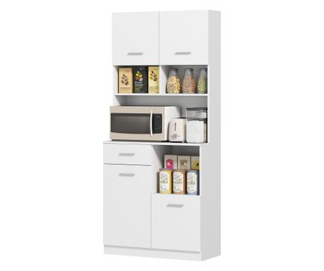 Висок кухненски шкаф с чекмедже, 4 шкафа и 3 отворени пространства, 80x35x180 см, Бял