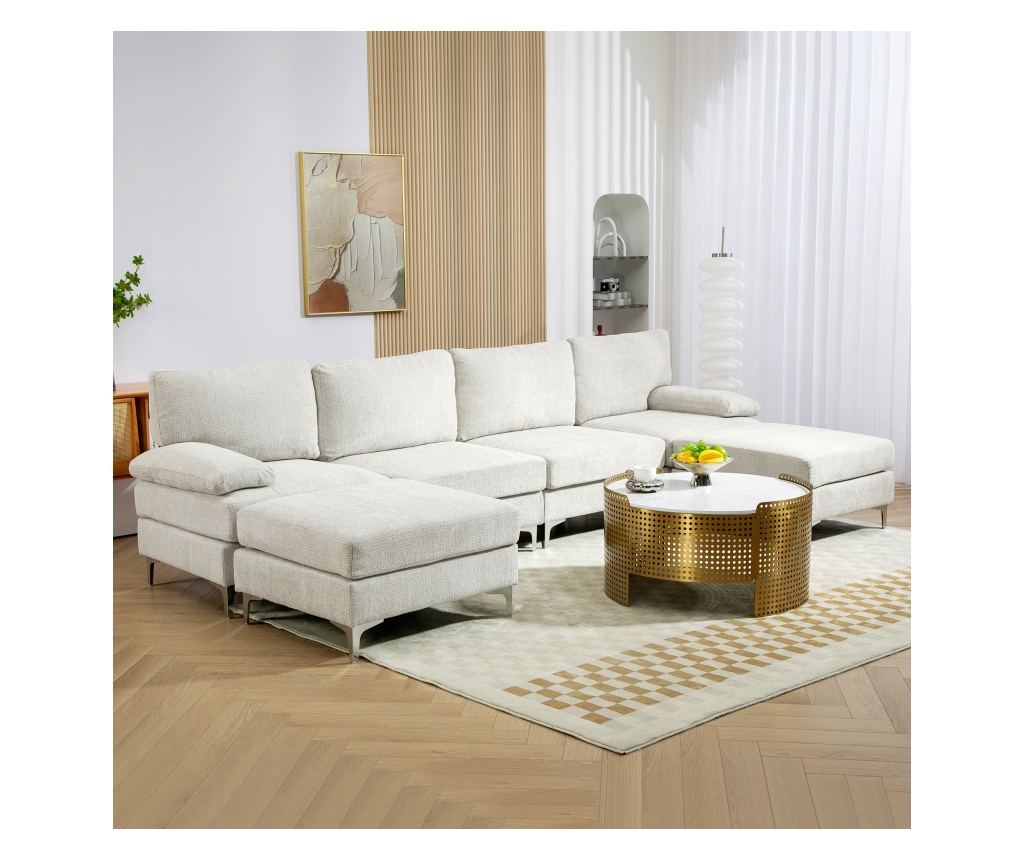 Модулен диван с 4 места, 2 табуретки за крака, възглавници за ръце и гръб, 313x149x88 см, кремаво бял - 2