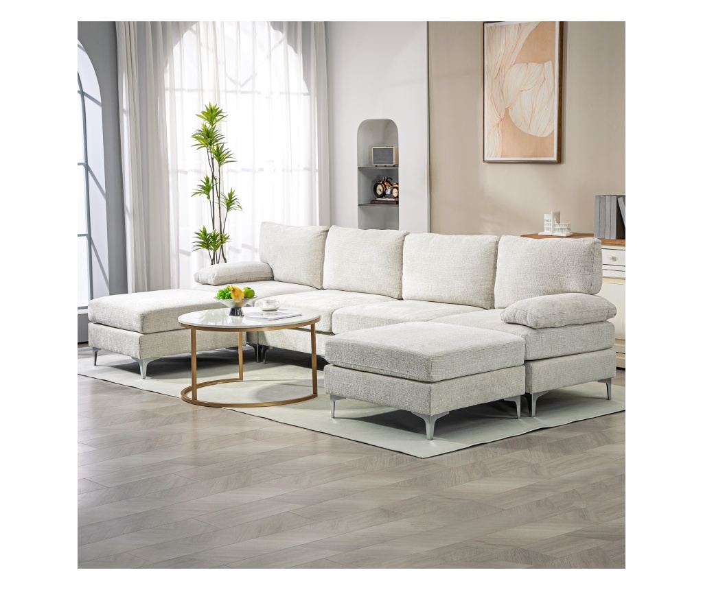 Модулен диван с 4 места, 2 табуретки за крака, възглавници за ръце и гръб, 313x149x88 см, кремаво бял - 3