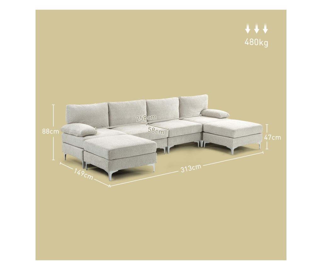 Модулен диван с 4 места, 2 табуретки за крака, възглавници за ръце и гръб, 313x149x88 см, кремаво бял - 4