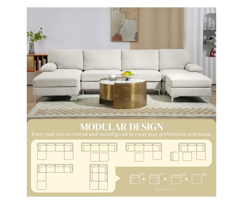 Модулен диван с 4 места, 2 табуретки за крака, възглавници за ръце и гръб, 313x149x88 см, кремаво бял - 5