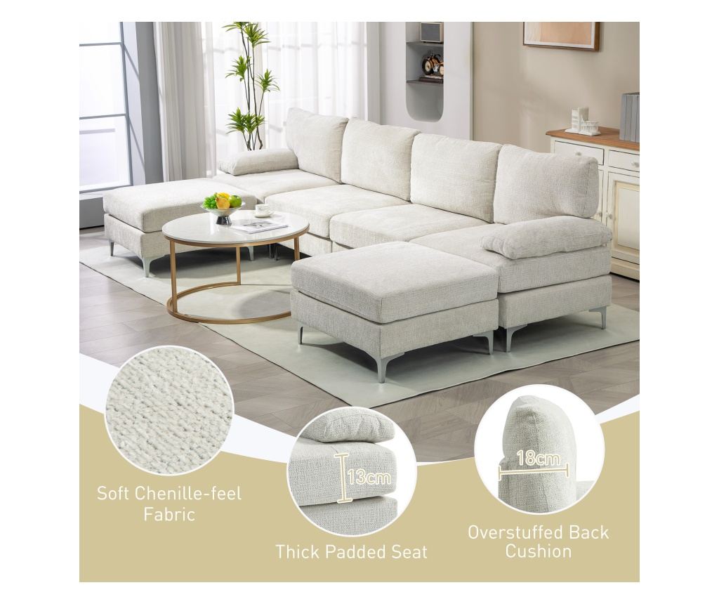 Модулен диван с 4 места, 2 табуретки за крака, възглавници за ръце и гръб, 313x149x88 см, кремаво бял - 7