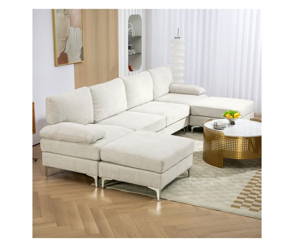 Модулен диван с 4 места, 2 табуретки за крака, възглавници за ръце и гръб, 313x149x88 см, кремаво бял - 8