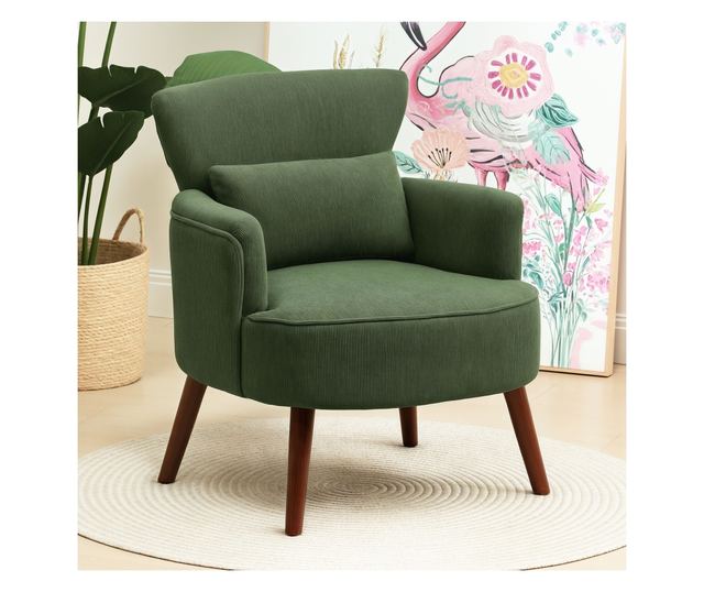 Fotoliu Capitonat cu Perna si Sezut Gros, Fotoliu din Catifea cu Spatar si Picioare din Lemn, 69x69,5x78 cm, Verde
