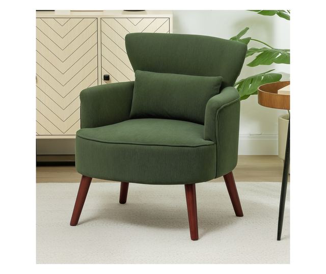 Fotoliu Capitonat cu Perna si Sezut Gros, Fotoliu din Catifea cu Spatar si Picioare din Lemn, 69x69,5x78 cm, Verde