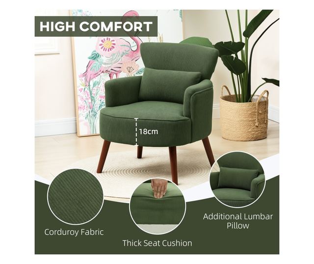 Fotoliu Capitonat cu Perna si Sezut Gros, Fotoliu din Catifea cu Spatar si Picioare din Lemn, 69x69,5x78 cm, Verde