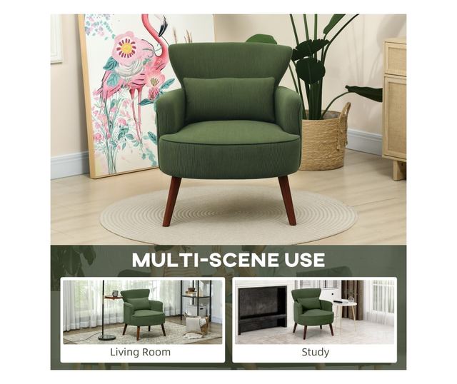 Fotoliu Capitonat cu Perna si Sezut Gros, Fotoliu din Catifea cu Spatar si Picioare din Lemn, 69x69,5x78 cm, Verde