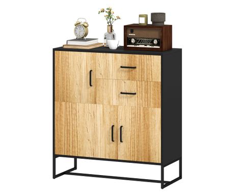 Modern tárolóbüfé 3 szekrénnyel és 2 fiókkal, melamingyanta forgácslap és acél, 80x35x88 cm, természetes fa