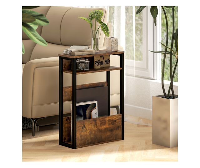 Masuta de Living in Stil Industrial cu 2 Rafturi, Masuta Laterala din Lemn si Metal, 46x18x58,5 cm, Maro Rustic