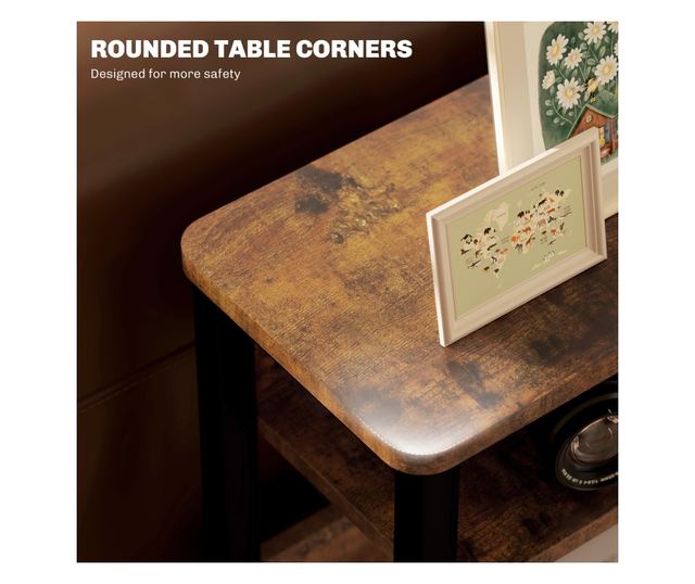 Masuta de Living in Stil Industrial cu 2 Rafturi, Masuta Laterala din Lemn si Metal, 46x18x58,5 cm, Maro Rustic