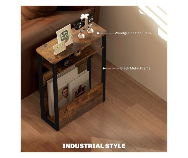 Masuta de Living in Stil Industrial cu 2 Rafturi, Masuta Laterala din Lemn si Metal, 46x18x58,5 cm, Maro Rustic