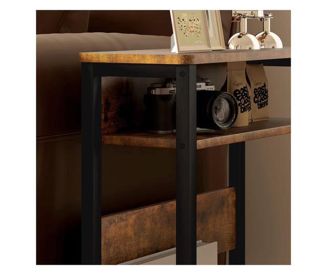 Masuta de Living in Stil Industrial cu 2 Rafturi, Masuta Laterala din Lemn si Metal, 46x18x58,5 cm, Maro Rustic