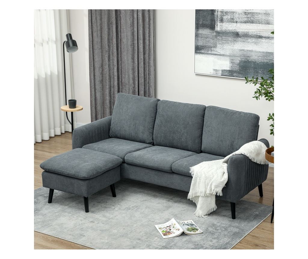Ъглов 3-местен диван с подвижен и обратим Ottoman, 196x140x88 см, Тъмносив - 3