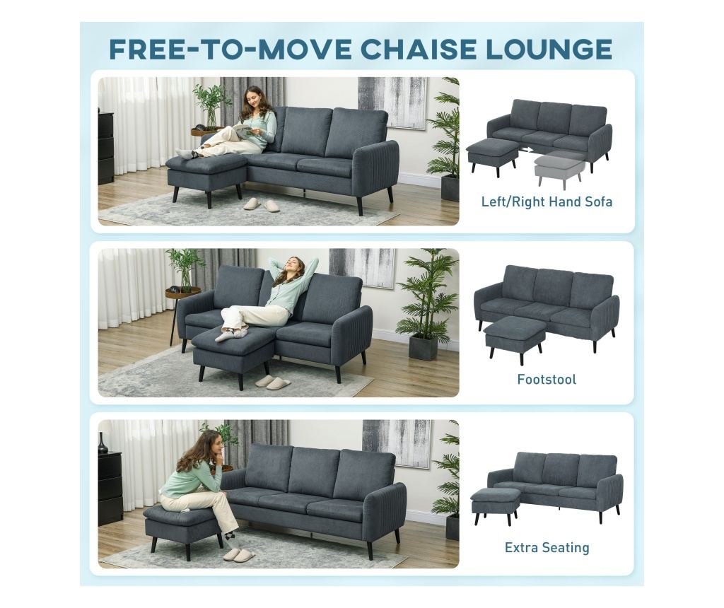 Ъглов 3-местен диван с подвижен и обратим Ottoman, 196x140x88 см, Тъмносив - 5