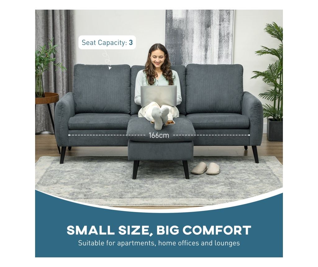 Ъглов 3-местен диван с подвижен и обратим Ottoman, 196x140x88 см, Тъмносив - 6