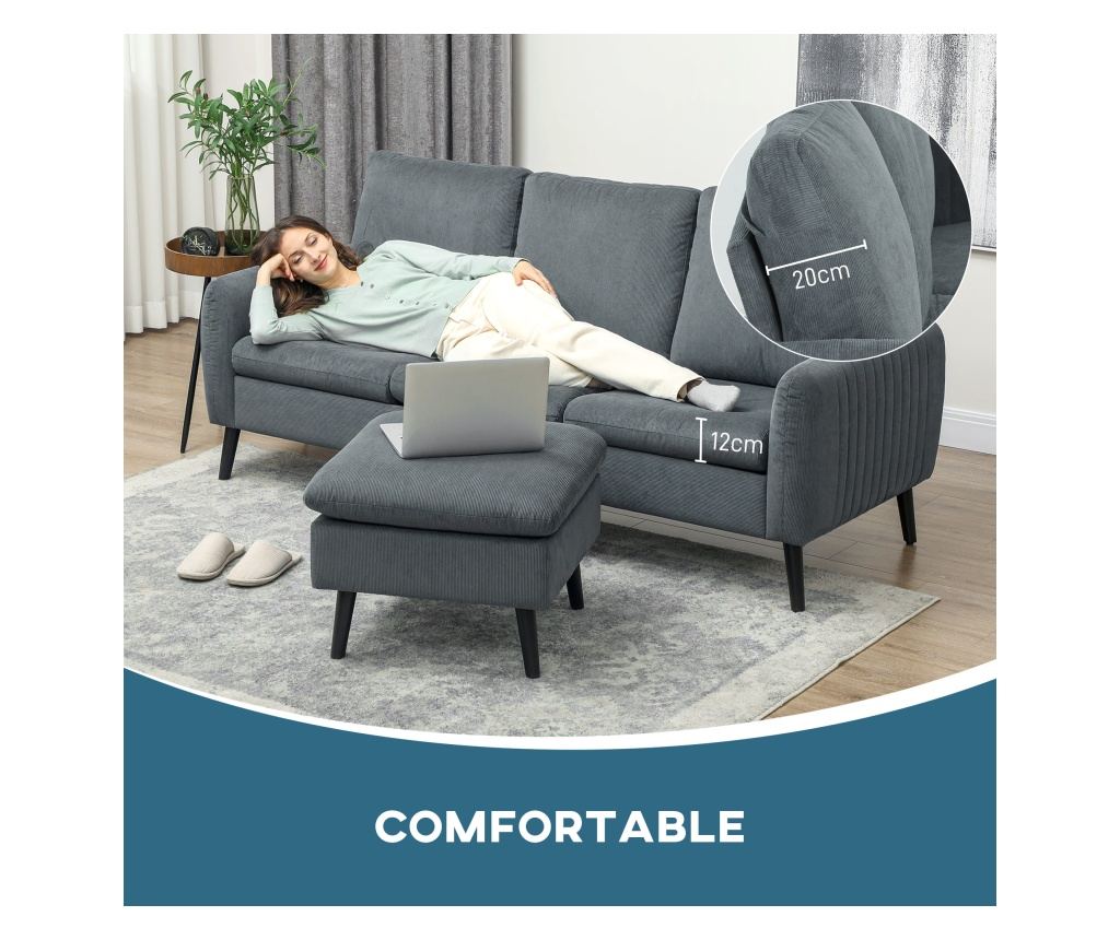 Ъглов 3-местен диван с подвижен и обратим Ottoman, 196x140x88 см, Тъмносив - 8