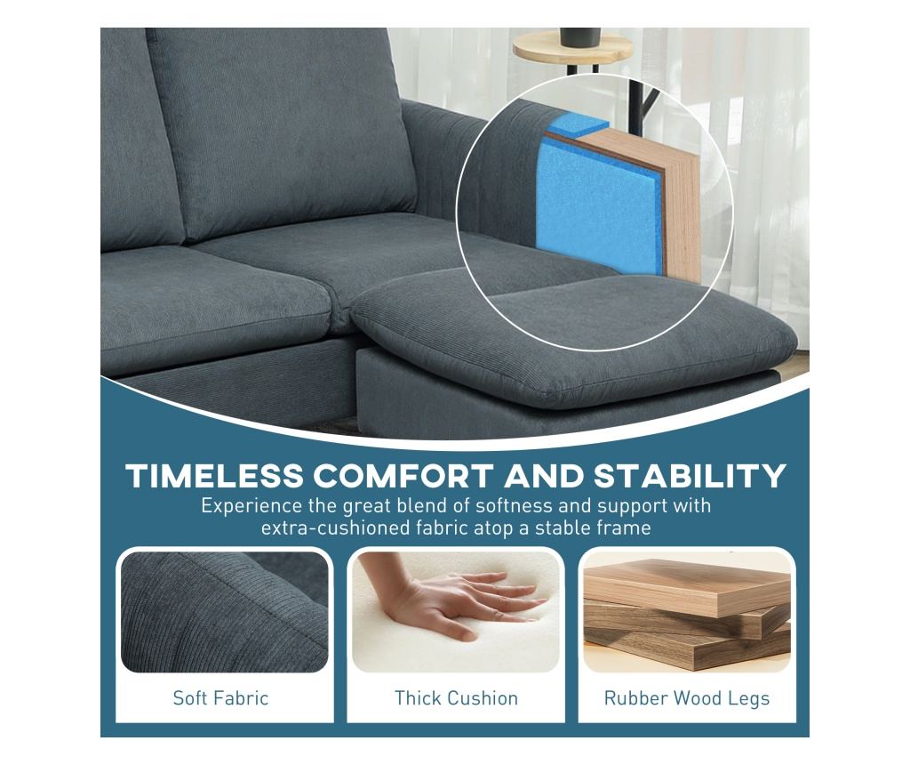 Ъглов 3-местен диван с подвижен и обратим Ottoman, 196x140x88 см, Тъмносив - 9