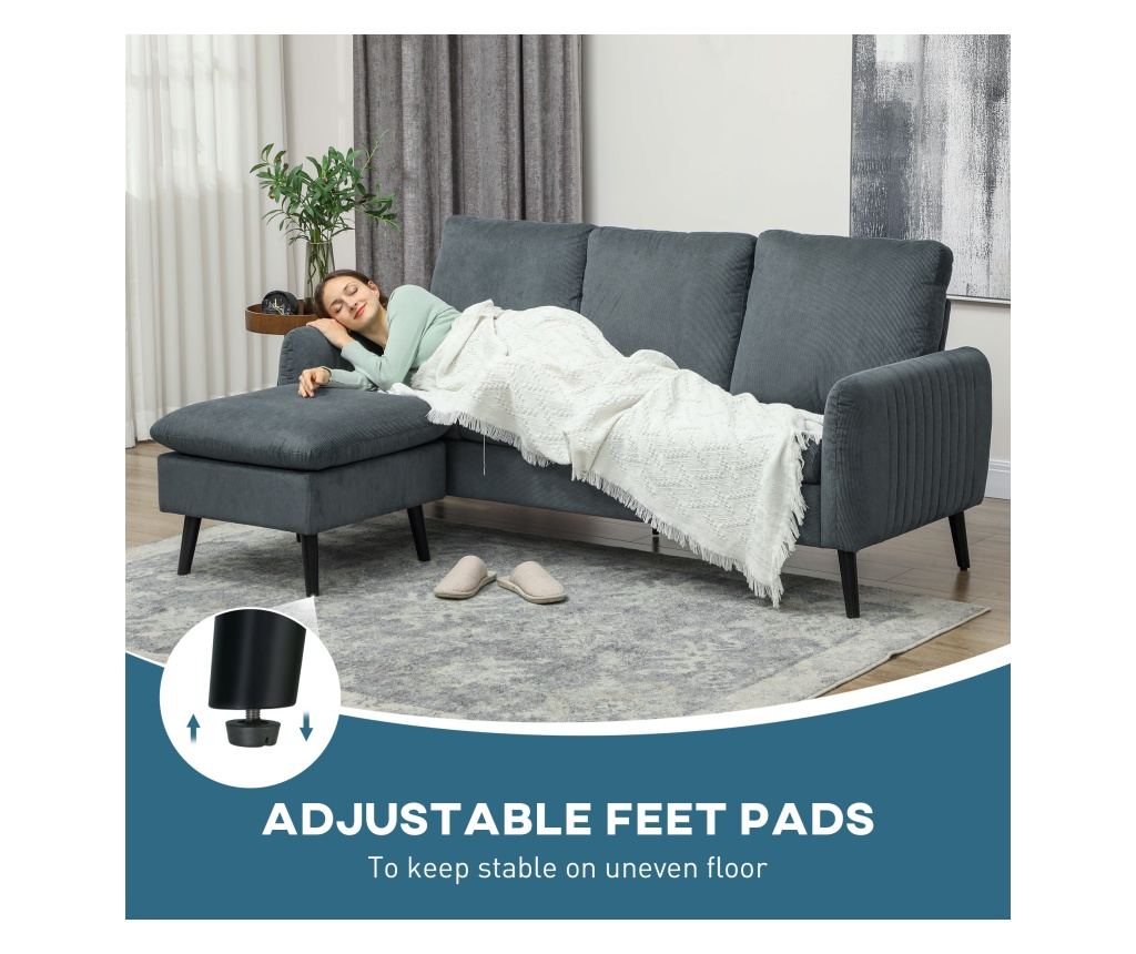 Ъглов 3-местен диван с подвижен и обратим Ottoman, 196x140x88 см, Тъмносив - 10