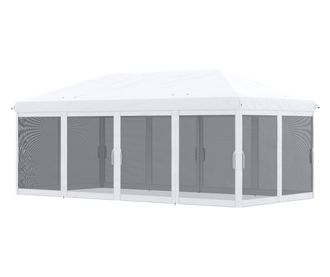 Foisor Pliabil cu 6 Perdele Plasa de Tantari, Foisor de Gradina cu Structura din Otel, 585x295x270cm, Alb Crem