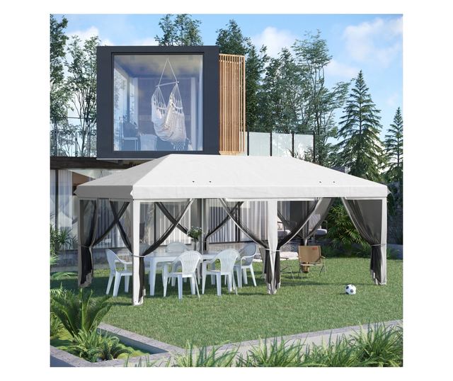 Foisor Pliabil cu 6 Perdele Plasa de Tantari, Foisor de Gradina cu Structura din Otel, 585x295x270cm, Alb Crem