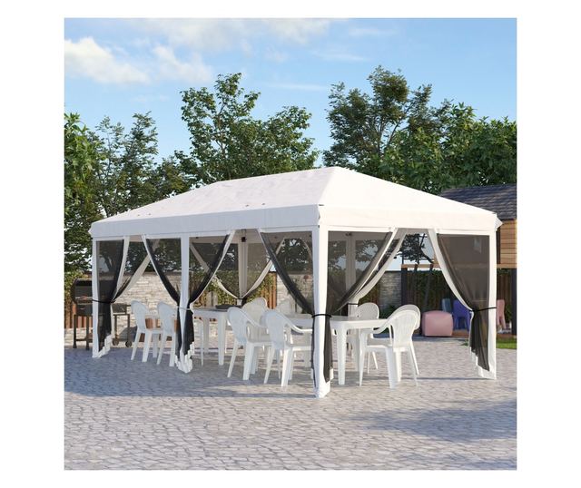 Foisor Pliabil cu 6 Perdele Plasa de Tantari, Foisor de Gradina cu Structura din Otel, 585x295x270cm, Alb Crem