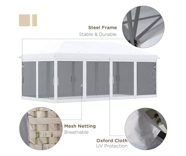 Foisor Pliabil cu 6 Perdele Plasa de Tantari, Foisor de Gradina cu Structura din Otel, 585x295x270cm, Alb Crem