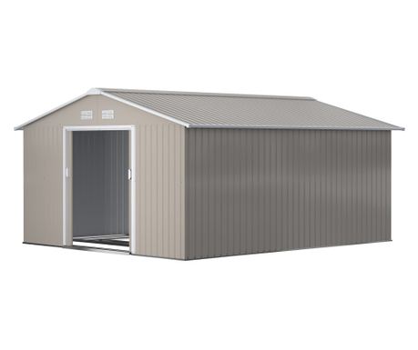 Magazie de Gradina cu Usi Duble Glisante si Acoperis Inclinat, Sopron de Gradina din Otel si PP, 3.4x4x2m, Gri
