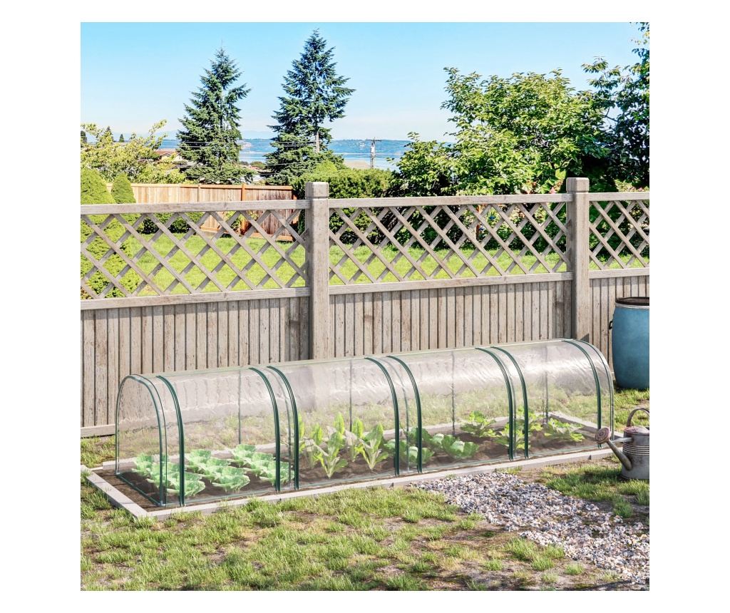 Sera tip tunel din otel si folie PVC impermeabila si anti-UV cu 4 usi cu fermoar, 395x100x80 cm, verde inchis si transparenta - 2