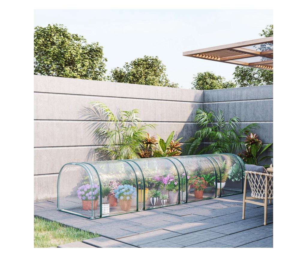 Sera tip tunel din otel si folie PVC impermeabila si anti-UV cu 4 usi cu fermoar, 395x100x80 cm, verde inchis si transparenta - 3