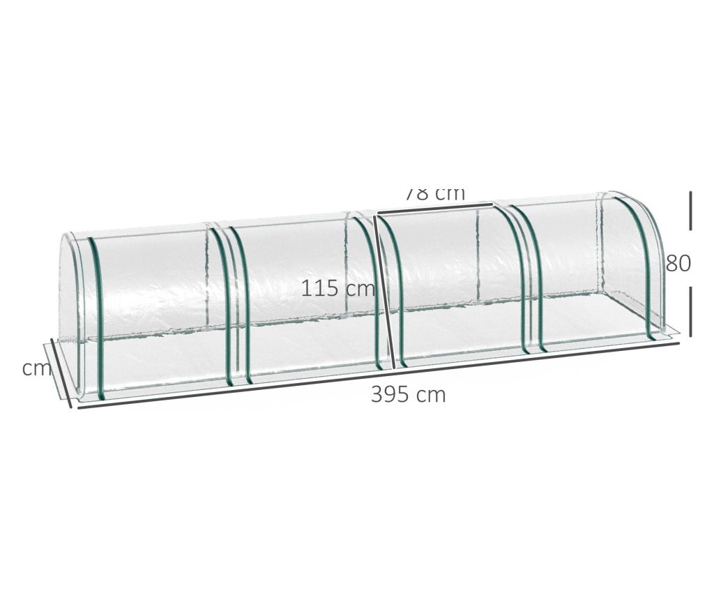 Sera tip tunel din otel si folie PVC impermeabila si anti-UV cu 4 usi cu fermoar, 395x100x80 cm, verde inchis si transparenta - 4