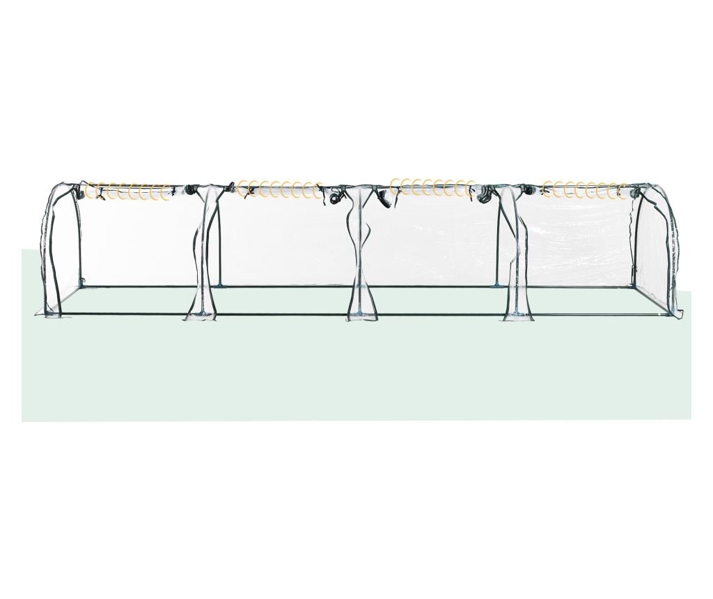 Sera tip tunel din otel si folie PVC impermeabila si anti-UV cu 4 usi cu fermoar, 395x100x80 cm, verde inchis si transparenta - 5