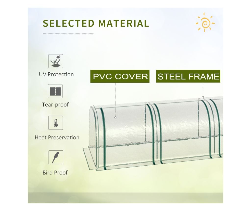 Sera tip tunel din otel si folie PVC impermeabila si anti-UV cu 4 usi cu fermoar, 395x100x80 cm, verde inchis si transparenta - 6