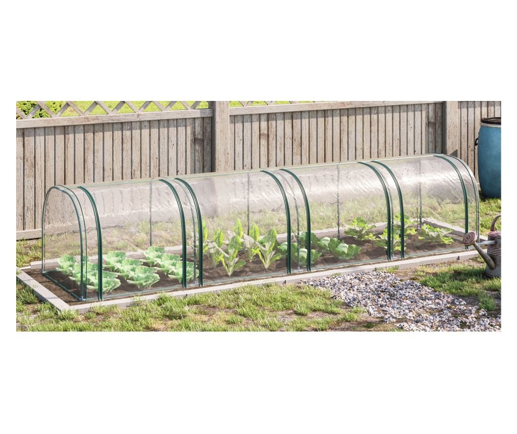 Sera tip tunel din otel si folie PVC impermeabila si anti-UV cu 4 usi cu fermoar, 395x100x80 cm, verde inchis si transparenta - 8