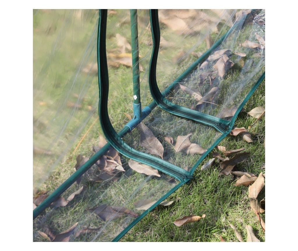 Sera tip tunel din otel si folie PVC impermeabila si anti-UV cu 4 usi cu fermoar, 395x100x80 cm, verde inchis si transparenta - 10