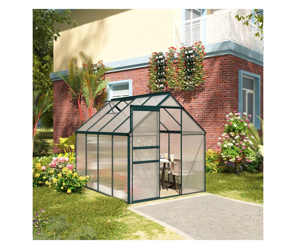 Sera de grădină din Policarbonat 190x253x199cm, cu Fereastră Deschisă și Ușă Glisantă, Structură din Aluminiu, Verde - 2